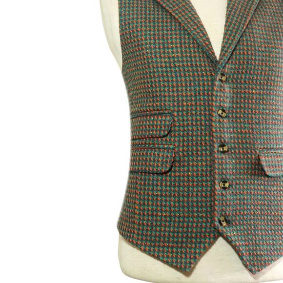 Mens 46R Tweed Wool Vest Green Orange Check Classic Waistcoat Formal Wedding - Picture 6 of 8